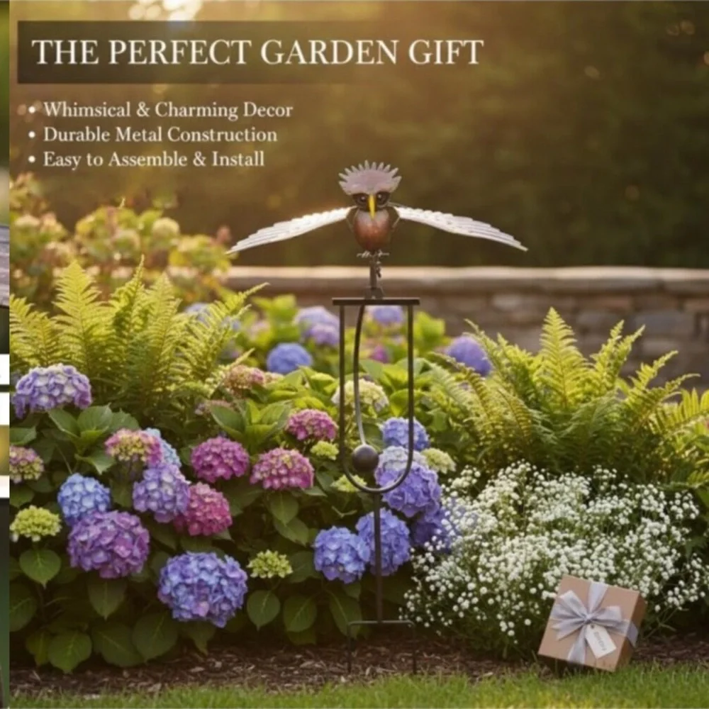 Kinetic Metal Owl Garden Stake Decor - Outdoor Sculpture for Lawn & Yard